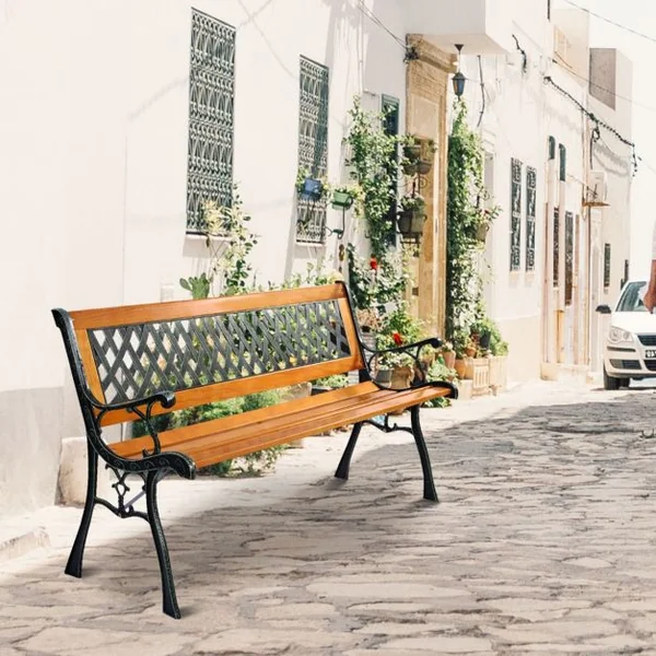 Banc de Jardin avec Bandes en Bois Pieds en Fer Dossier Ergonomique et Accoudoirs Incurvés pour Parc Cour Charge Max 208 KG