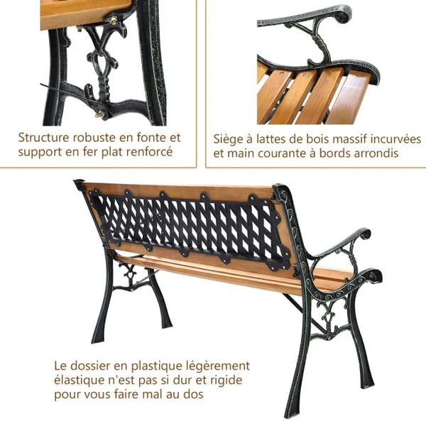 Banc de Jardin avec Bandes en Bois Pieds en Fer Dossier Ergonomique et Accoudoirs Incurvés pour Parc Cour Charge Max 208 KG