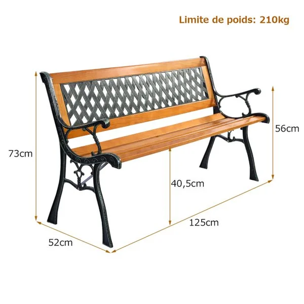 Banc de Jardin avec Bandes en Bois Pieds en Fer Dossier Ergonomique et Accoudoirs Incurvés pour Parc Cour Charge Max 208 KG