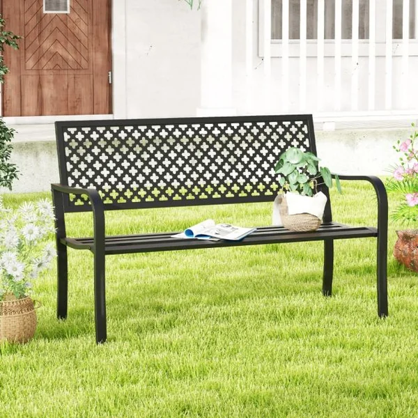 Banc de Jardin Chaise de Patio en Métal pour 2 Personnes avec Dossier Ajouré & Siège à Lattes Banc Moderne de 127 cm de Long Noir/Rouge
