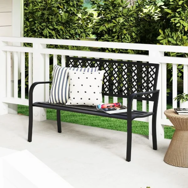 Banc de Jardin Chaise de Patio en Métal pour 2 Personnes avec Dossier Ajouré & Siège à Lattes Banc Moderne de 127 cm de Long Noir/Rouge