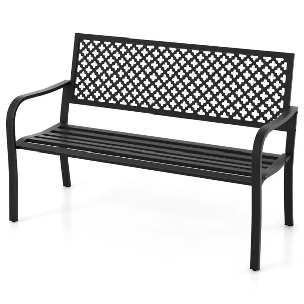 Banc de Jardin Chaise de Patio en Métal pour 2 Personnes avec Dossier Ajouré & Siège à Lattes Banc Moderne de 127 cm de Long Noir/Rouge