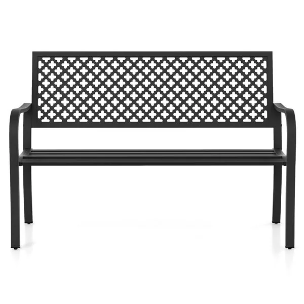 Banc de Jardin Chaise de Patio en Métal pour 2 Personnes avec Dossier Ajouré & Siège à Lattes Banc Moderne de 127 cm de Long Noir/Rouge