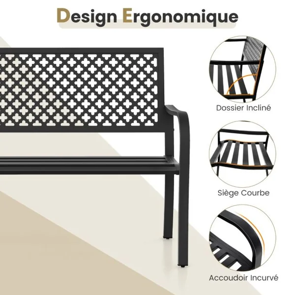 Banc de Jardin Chaise de Patio en Métal pour 2 Personnes avec Dossier Ajouré & Siège à Lattes Banc Moderne de 127 cm de Long Noir/Rouge