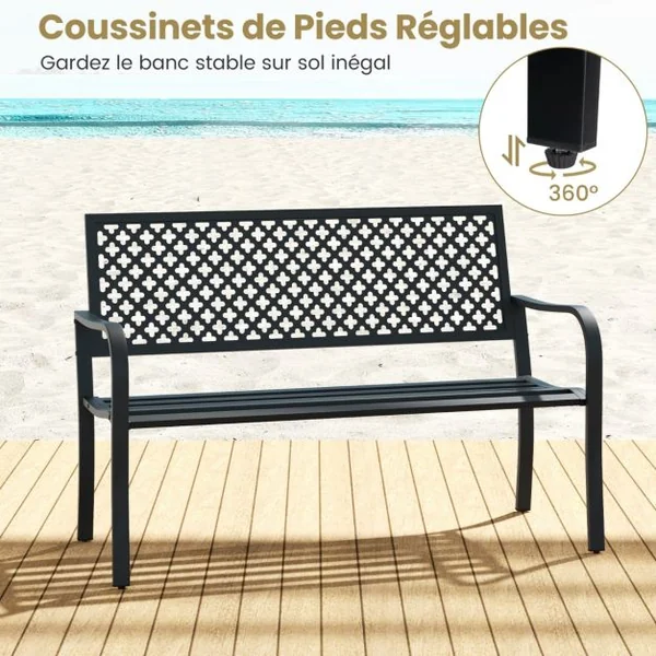 Banc de Jardin Chaise de Patio en Métal pour 2 Personnes avec Dossier Ajouré & Siège à Lattes Banc Moderne de 127 cm de Long Noir/Rouge