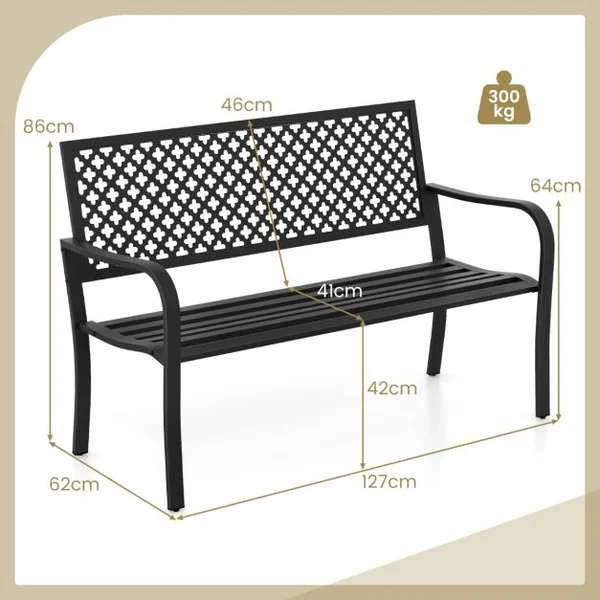Banc de Jardin Chaise de Patio en Métal pour 2 Personnes avec Dossier Ajouré & Siège à Lattes Banc Moderne de 127 cm de Long Noir/Rouge