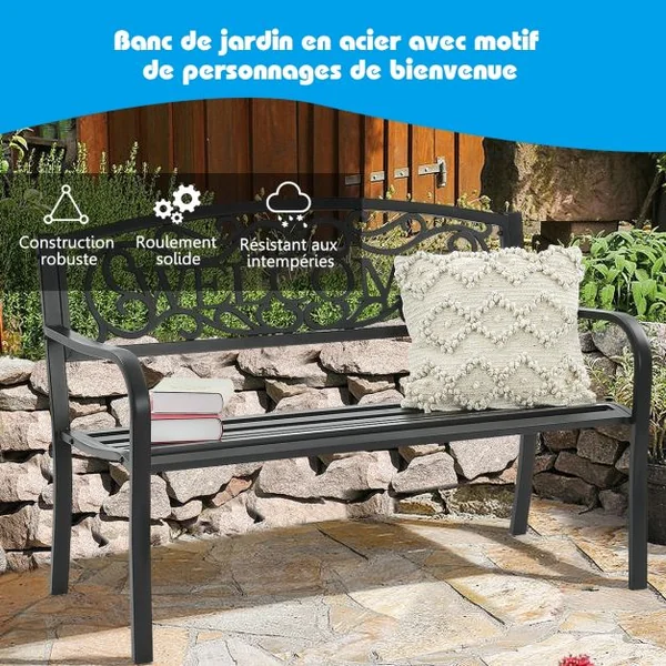 Banc de Jardin de Style Ancien Mobilier avec Cadre Métallique pour l'Intérieur et l'Extérieur 127 x 63,5 x 89 cm Noir/Cuivré