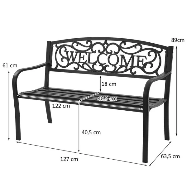 Banc de Jardin de Style Ancien Mobilier avec Cadre Métallique pour l'Intérieur et l'Extérieur 127 x 63,5 x 89 cm Noir/Cuivré