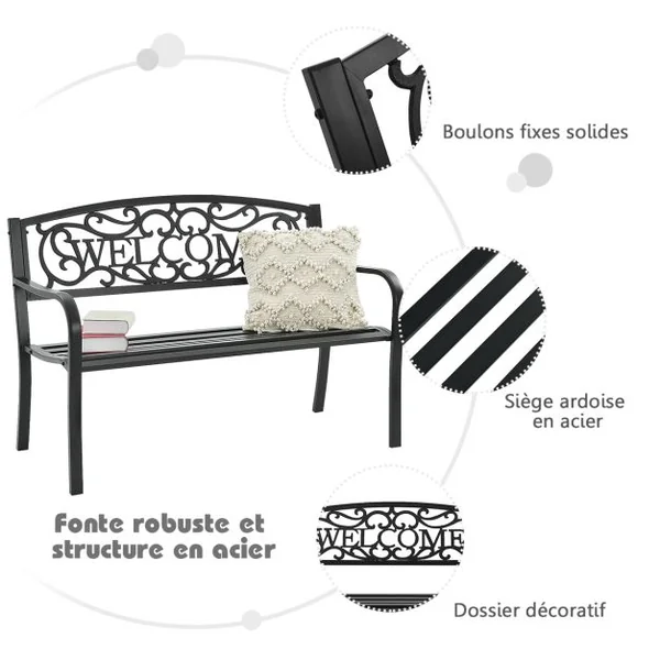 Banc de Jardin de Style Ancien Mobilier avec Cadre Métallique pour l'Intérieur et l'Extérieur 127 x 63,5 x 89 cm Noir/Cuivré