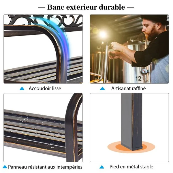 Banc de Jardin de Style Ancien Mobilier avec Cadre Métallique pour l'Intérieur et l'Extérieur 127 x 63,5 x 89 cm Noir/Cuivré