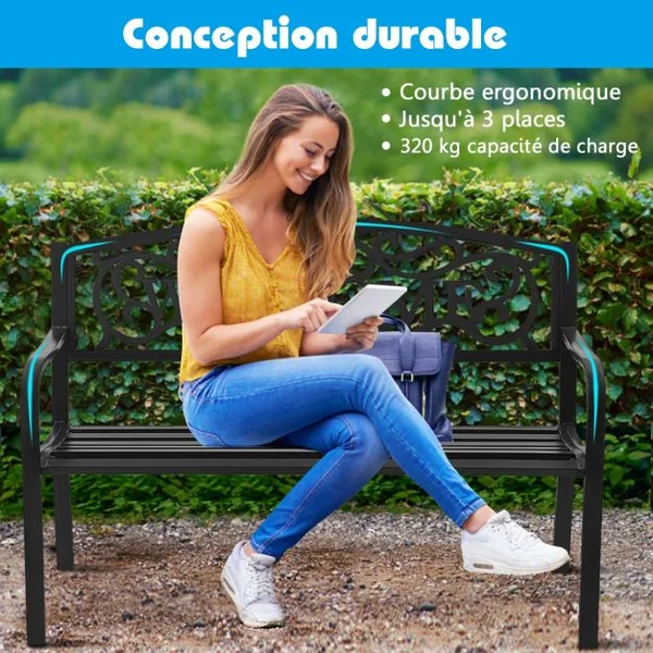 Banc de Jardin de Style Ancien Mobilier avec Cadre Métallique pour l'Intérieur et l'Extérieur 127 x 63,5 x 89 cm Noir/Cuivré