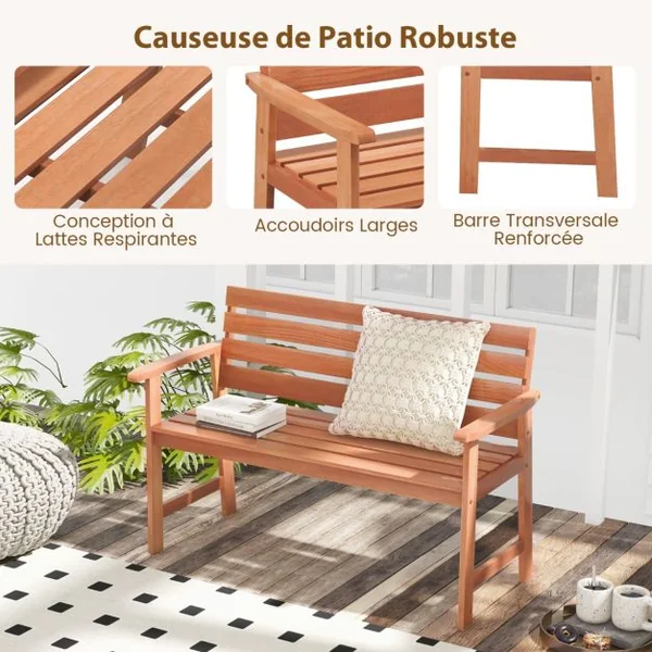 Banc de Jardin en Bois 2 Places Dossier Siège à Lattes Accoudoirs Peinture DIY Charge 150KG Intérieur Extérieur