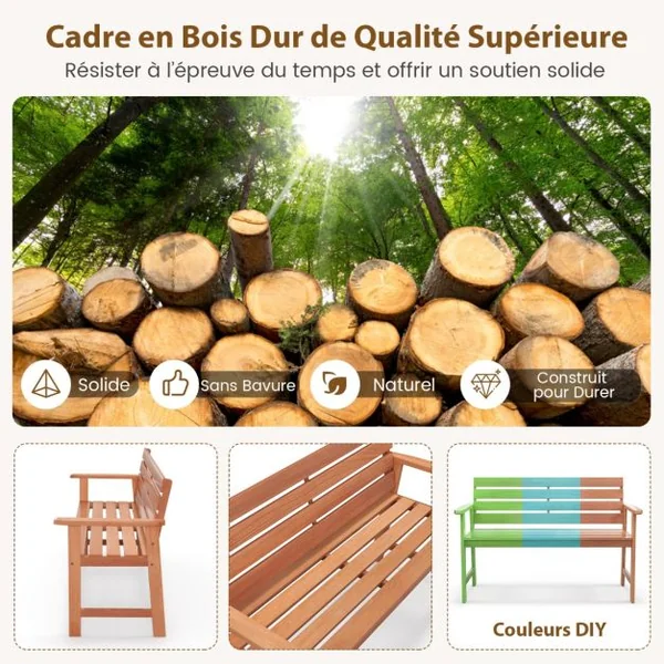 Banc de Jardin en Bois 2 Places Dossier Siège à Lattes Accoudoirs Peinture DIY Charge 150KG Intérieur Extérieur