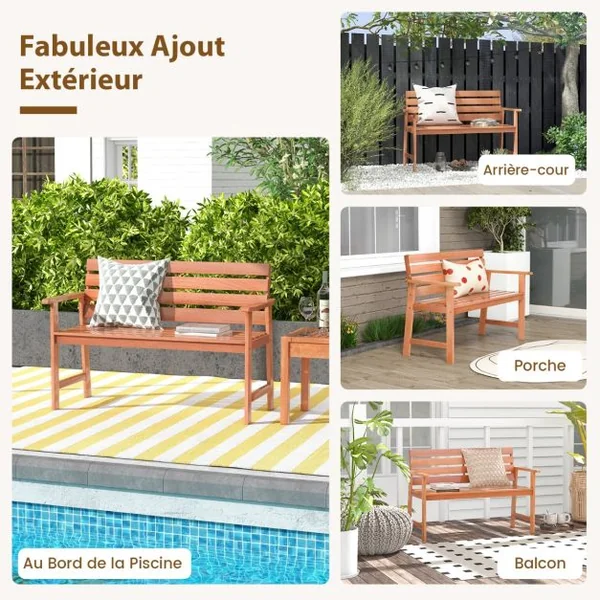 Banc de Jardin en Bois 2 Places Dossier Siège à Lattes Accoudoirs Peinture DIY Charge 150KG Intérieur Extérieur