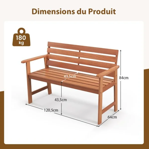 Banc de Jardin en Bois 2 Places Dossier Siège à Lattes Accoudoirs Peinture DIY Charge 150KG Intérieur Extérieur
