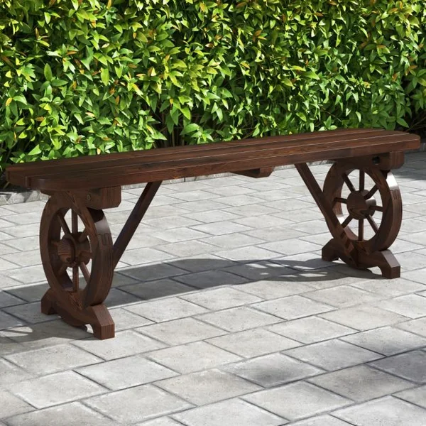 Banc de Jardin en Bois Carbonisé 2 Places Siège à Lattes Pieds en Forme de Roue Charge 325 KG Banquette d'Extérieur