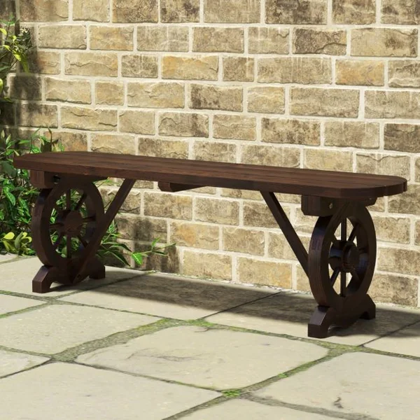 Banc de Jardin en Bois Carbonisé 2 Places Siège à Lattes Pieds en Forme de Roue Charge 325 KG Banquette d'Extérieur