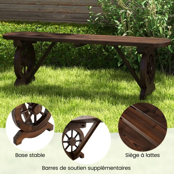 Banc de Jardin en Bois Carbonisé 2 Places Siège à Lattes Pieds en Forme de Roue Charge 325 KG Banquette d'Extérieur