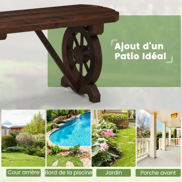 Banc de Jardin en Bois Carbonisé 2 Places Siège à Lattes Pieds en Forme de Roue Charge 325 KG Banquette d'Extérieur