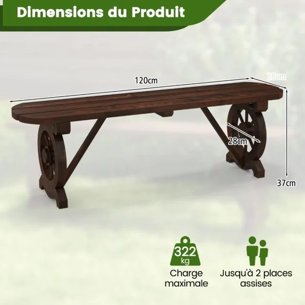 Banc de Jardin en Bois Carbonisé 2 Places Siège à Lattes Pieds en Forme de Roue Charge 325 KG Banquette d'Extérieur