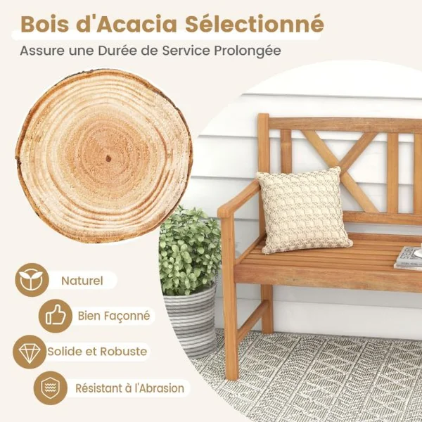 Banc de Jardin en Bois d'Acacia avec 2 Places 120x56x86 CM Banquette de Jardin Extérieure à Lattes avec Accoudoirs & Dossier