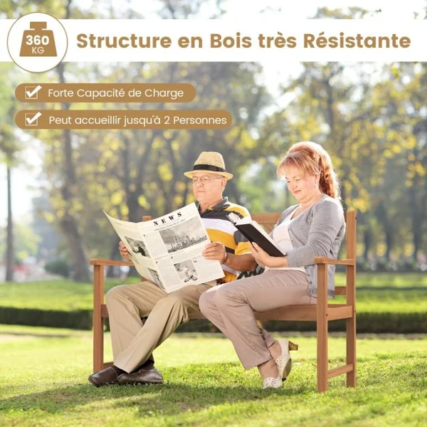 Banc de Jardin en Bois d'Acacia avec 2 Places 120x56x86 CM Banquette de Jardin Extérieure à Lattes avec Accoudoirs & Dossier