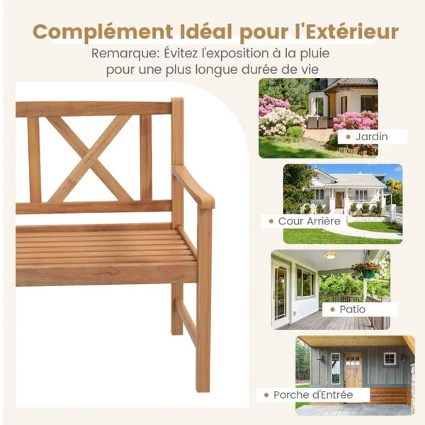 Banc de Jardin en Bois d'Acacia avec 2 Places 120x56x86 CM Banquette de Jardin Extérieure à Lattes avec Accoudoirs & Dossier