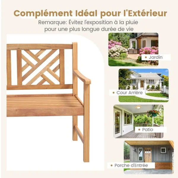 Banc de Jardin en Bois d'Acacia avec 2Places Charge 360KG Banquette de Jardin Extérieure à Lattes avec Accoudoirs et Dossier