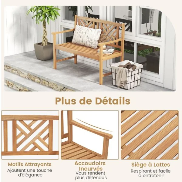 Banc de Jardin en Bois d'Acacia avec 2Places Charge 360KG Banquette de Jardin Extérieure à Lattes avec Accoudoirs et Dossier