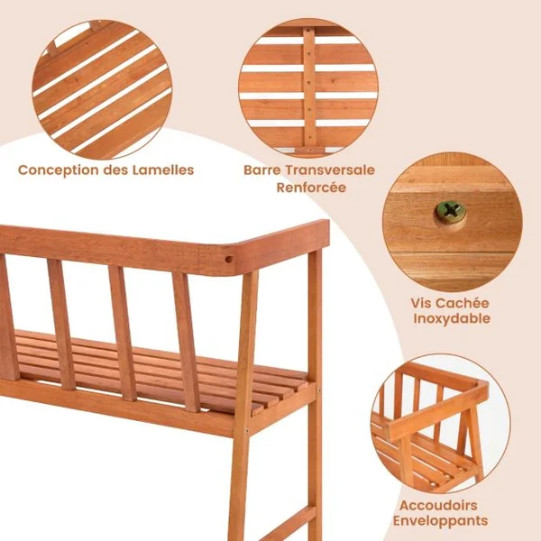 Banc de Jardin en Bois d’Acacia à Lattes pour 2 Personnes 110x46x72 CM Banquette d’Extérieure avec Dossier et Accoudoirs