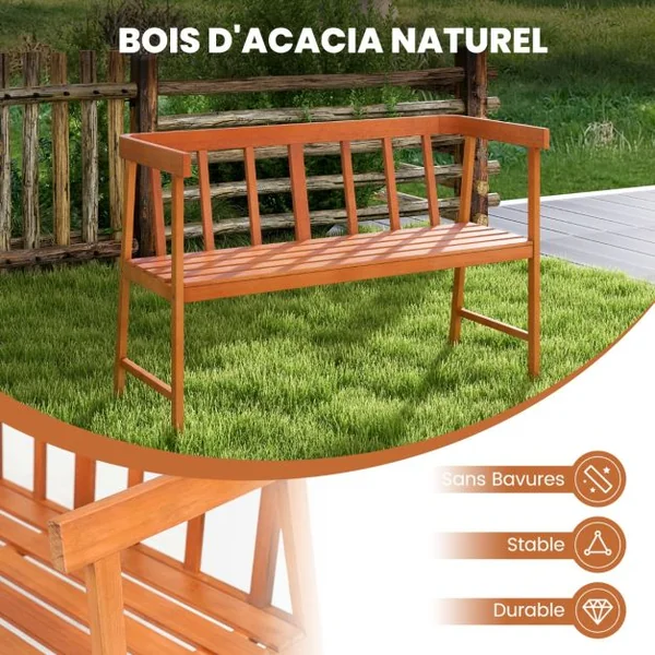 Banc de Jardin en Bois d’Acacia à Lattes pour 2 Personnes 110x46x72 CM Banquette d’Extérieure avec Dossier et Accoudoirs