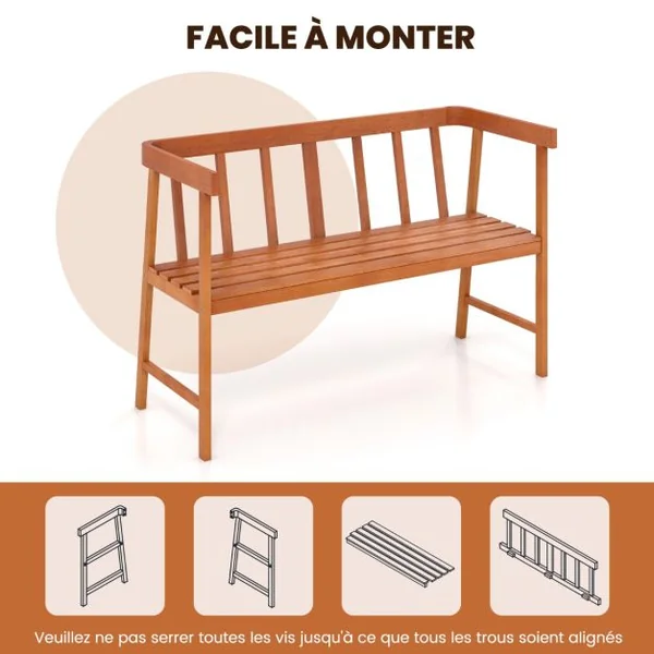 Banc de Jardin en Bois d’Acacia à Lattes pour 2 Personnes 110x46x72 CM Banquette d’Extérieure avec Dossier et Accoudoirs