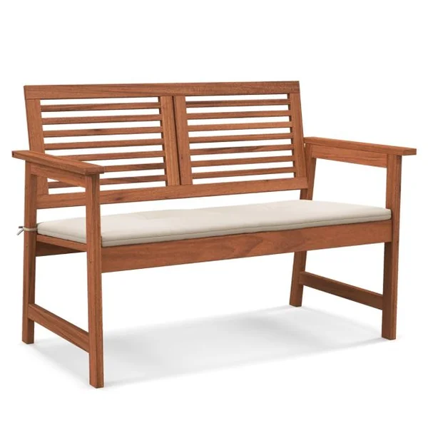 Banc de Jardin en Bois Dossier Siège à Lattes Accoudoirs Coussin Amovible 2 Places Charge 150KG Intérieur Extérieur