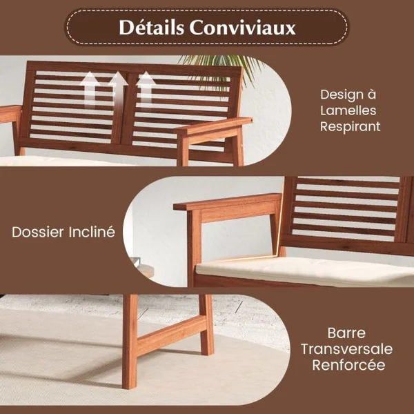 Banc de Jardin en Bois Dossier Siège à Lattes Accoudoirs Coussin Amovible 2 Places Charge 150KG Intérieur Extérieur