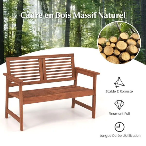 Banc de Jardin en Bois Dossier Siège à Lattes Accoudoirs Coussin Amovible 2 Places Charge 150KG Intérieur Extérieur