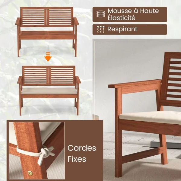 Banc de Jardin en Bois Dossier Siège à Lattes Accoudoirs Coussin Amovible 2 Places Charge 150KG Intérieur Extérieur