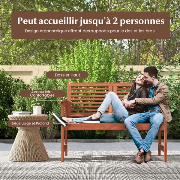 Banc de Jardin en Bois Dossier Siège à Lattes Accoudoirs Coussin Amovible 2 Places Charge 150KG Intérieur Extérieur