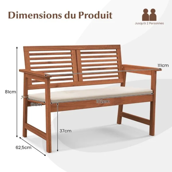 Banc de Jardin en Bois Dossier Siège à Lattes Accoudoirs Coussin Amovible 2 Places Charge 150KG Intérieur Extérieur