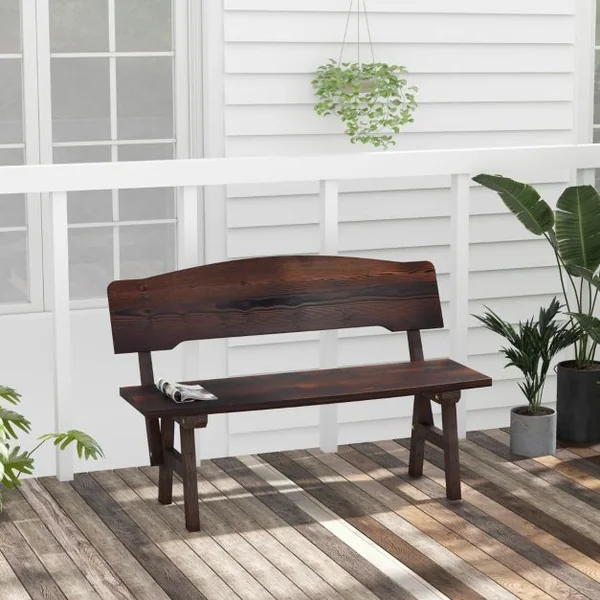 Banc de Jardin en Bois d'Épicéa 2 Places Dossier Incliné Charge 325 KG Banquette d'Extérieur Carbonisé 120x51x78 CM