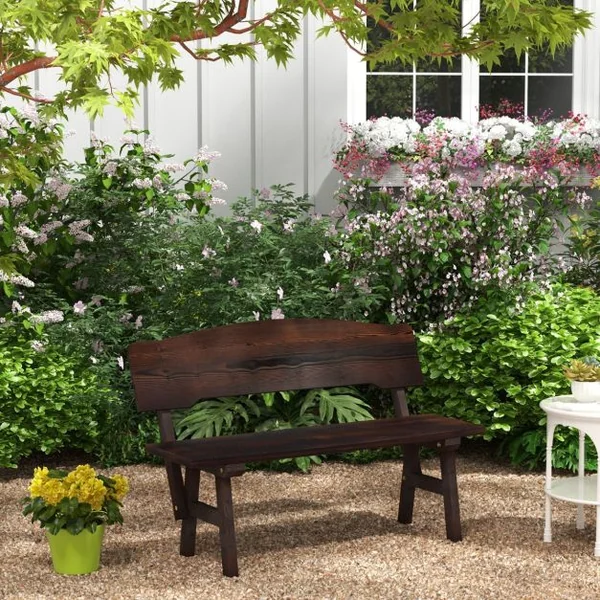 Banc de Jardin en Bois d'Épicéa 2 Places Dossier Incliné Charge 325 KG Banquette d'Extérieur Carbonisé 120x51x78 CM