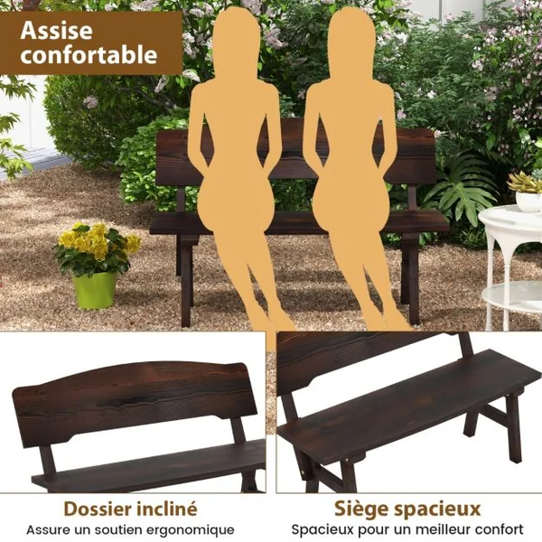 Banc de Jardin en Bois d'Épicéa 2 Places Dossier Incliné Charge 325 KG Banquette d'Extérieur Carbonisé 120x51x78 CM