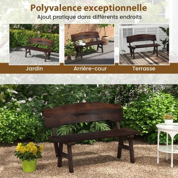 Banc de Jardin en Bois d'Épicéa 2 Places Dossier Incliné Charge 325 KG Banquette d'Extérieur Carbonisé 120x51x78 CM