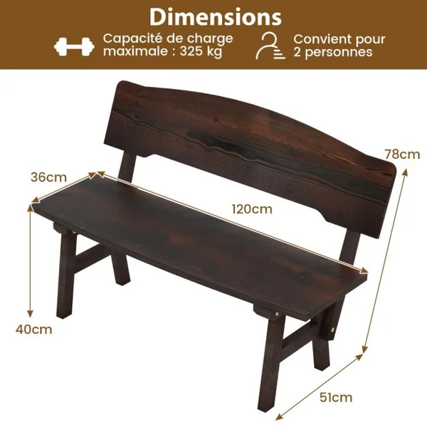 Banc de Jardin en Bois d'Épicéa 2 Places Dossier Incliné Charge 325 KG Banquette d'Extérieur Carbonisé 120x51x78 CM