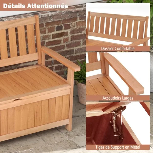 Banc de Jardin en Bois Massif avec Compartiment Rangement 129 L 120 x 66 x 91 cm (L x l x H) Charge Max : 180 KG