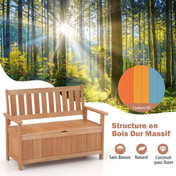Banc de Jardin en Bois Massif avec Compartiment Rangement 129 L 120 x 66 x 91 cm (L x l x H) Charge Max : 180 KG