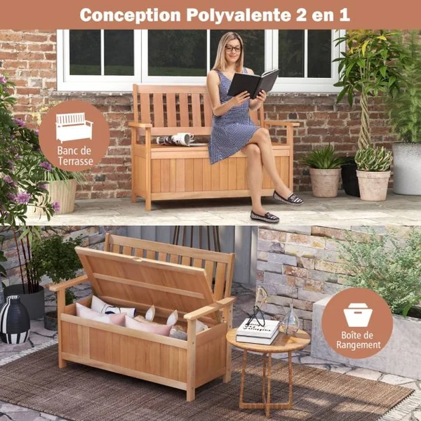 Banc de Jardin en Bois Massif avec Compartiment Rangement 129 L 120 x 66 x 91 cm (L x l x H) Charge Max : 180 KG