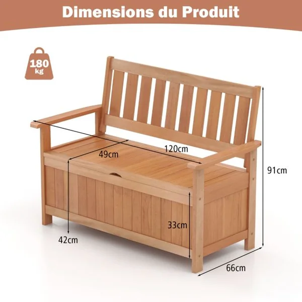 Banc de Jardin en Bois Massif avec Compartiment Rangement 129 L 120 x 66 x 91 cm (L x l x H) Charge Max : 180 KG