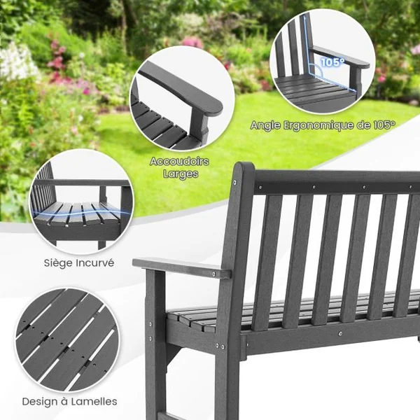Banc de Jardin en HDPE 2 Places avec Accoudoir Dossier Siège à Latte Banc d'Extérieur pour Terrasse Parc Balcon Charge 320KG Gris