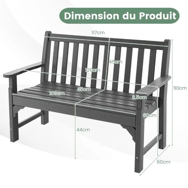Banc de Jardin en HDPE 2 Places avec Accoudoir Dossier Siège à Latte Banc d'Extérieur pour Terrasse Parc Balcon Charge 320KG Gris
