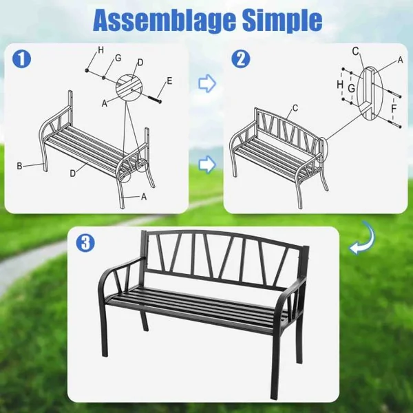 Banc de Jardin Extérieur 2-3 Places Charge 300KG avec Cadre en Métal Antirouille pour Cour Balcon Terrasse 128x57x86cm Noir